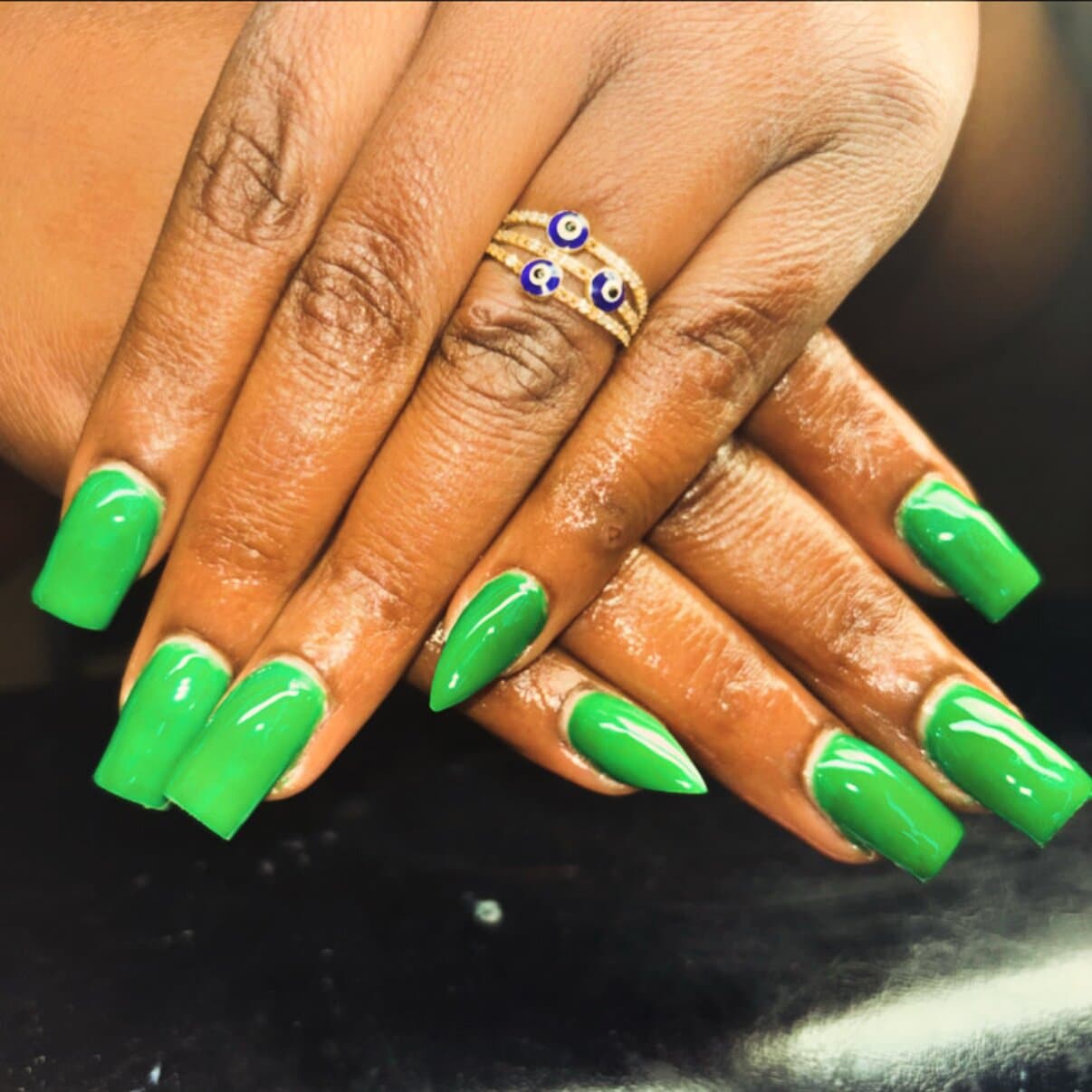 Bright neon-green glossy long acrylic nails by Talons by Byrd